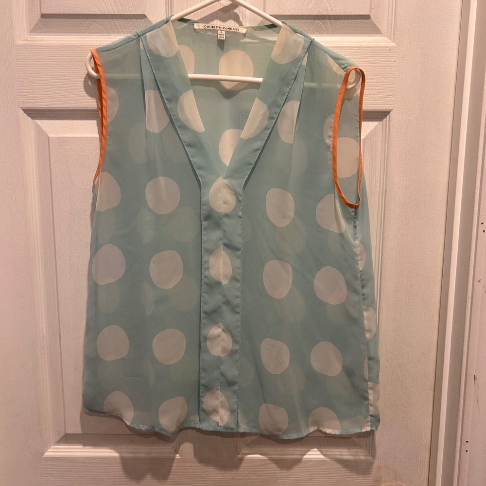 Collective Concepts Womens Large‎ Sheer Blue Polka Dot Sleeveless Top Mod Resort